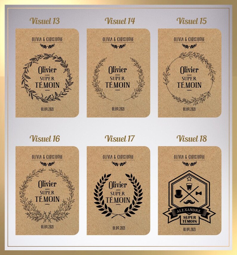 May include: A set of six brown paper cards with different designs for a wedding. The cards feature a wreath with the text "Olivier Super T&eacute;moin" and the date "01.09.2021".