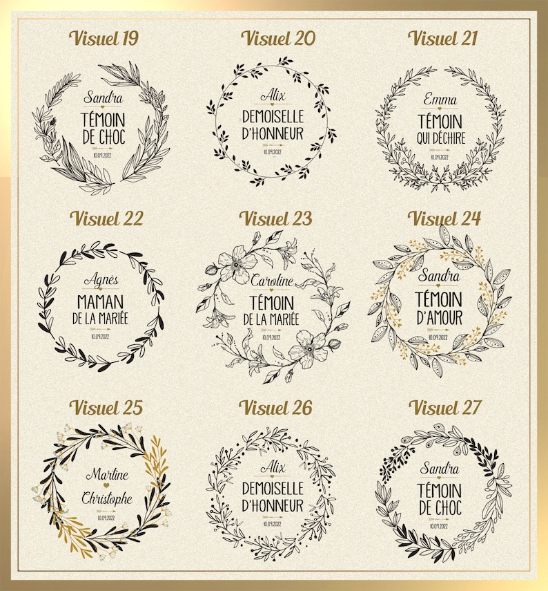 May include: A collection of nine circular floral designs with text, each featuring a different name and phrase. The designs are in black and gold on a cream background, suitable for wedding or event favors.