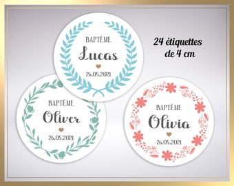 Etiquette Autocollante Baptême, 24 Stickers ronds, Etiquettes Baptême, Autocollant personnalisé 4cm