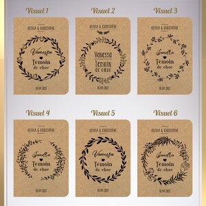 May include: Six brown paper cards with black text and illustrations. Each card has a different design with a wreath and the words "T&eacute;moin de choc" or "T&eacute;moin de c&oelig;ur". The cards also include the names "Vanessa" and "Sandra" and the date "01.09.2021".