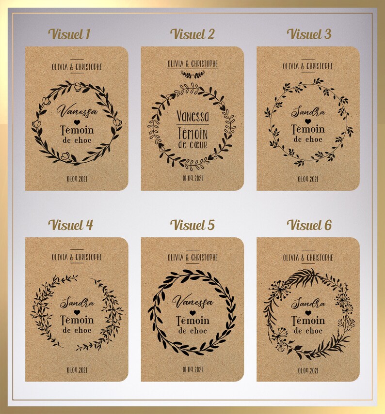 May include: Six brown paper cards with black text and illustrations. Each card has a different design with a wreath and the words "T&eacute;moin de choc" or "T&eacute;moin de c&oelig;ur". The cards also include the names "Vanessa" and "Sandra" and the date "01.09.2021".