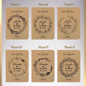 May include: Six brown cardstock tags with black text and illustrations. Each tag has a different name, "Julia", "Sandra", "Vanessa", and "Sandra", and the text "T&eacute;moin de choc" or "T&eacute;moin de c&oelig;ur" and the date "01.09.2021".