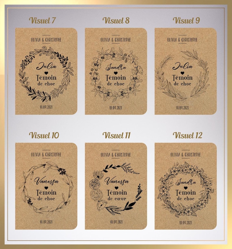 May include: Six brown cardstock tags with black text and illustrations. Each tag has a different name, "Julia", "Sandra", "Vanessa", and "Sandra", and the text "T&eacute;moin de choc" or "T&eacute;moin de c&oelig;ur" and the date "01.09.2021".