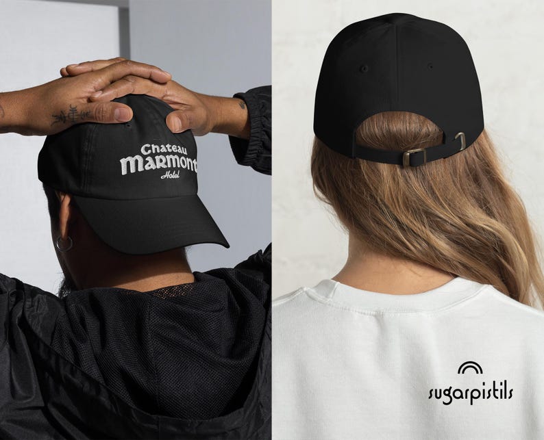May include: Black baseball cap with white embroidered text that reads "Chateau Marmont Hotel".