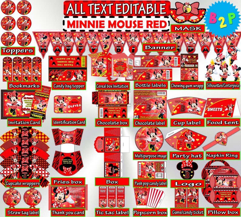 Minnie Mouse Bithday Party Kit Minnie Mouse Printable Minnie Etsy