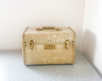 Vintage Samsonite Train Case, Beige Travel Luggage, Original Key