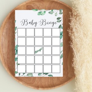 Baby bingo game, Baby shower bingo game printable, Baby shower games printable, Eucalyptus themed baby shower, Baby shower activities svg