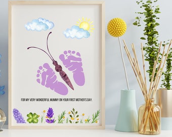 Primera artesanía de huellas del día de las madres, artesanía de huellas de bebés, tarjeta del día de las madres, artesanía del día de las madres imprimible, regalo del día de las madres Huella de mariposa