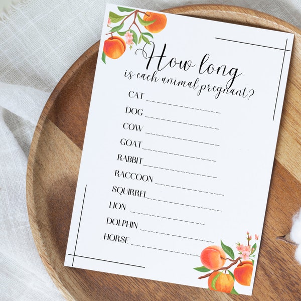 How long is each animal pregnant, Baby shower game printable, Animal gestation game, Animal pregnancy printable, Sweet little peach theme
