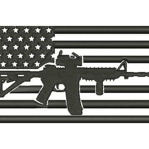 May include: A black and white silhouette of a rifle superimposed over an American flag. The flag is black with white stars and stripes.