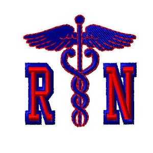 May include: A red and blue embroidered design of a medical caduceus with wings and the letters "RN" below.