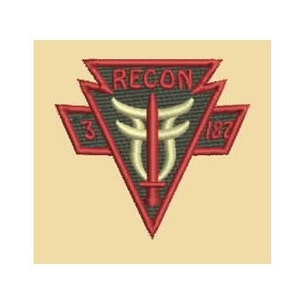 May include: A red, green, and white embroidered patch with the text "RECON" in the center. The patch also features a sword and the numbers "3" and "187".
