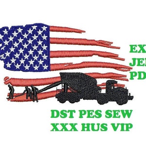 May include: A distressed American flag design with a cement truck and workers. The text "EXP JEF PDF DST PES SEW XXX HUS VIP" is below the image.
