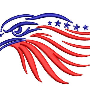 May include: A stylized illustration of an eagle's head with red and blue stripes, resembling the American flag. The eagle's eye is blue, and the stripes are arranged in a wave-like pattern.