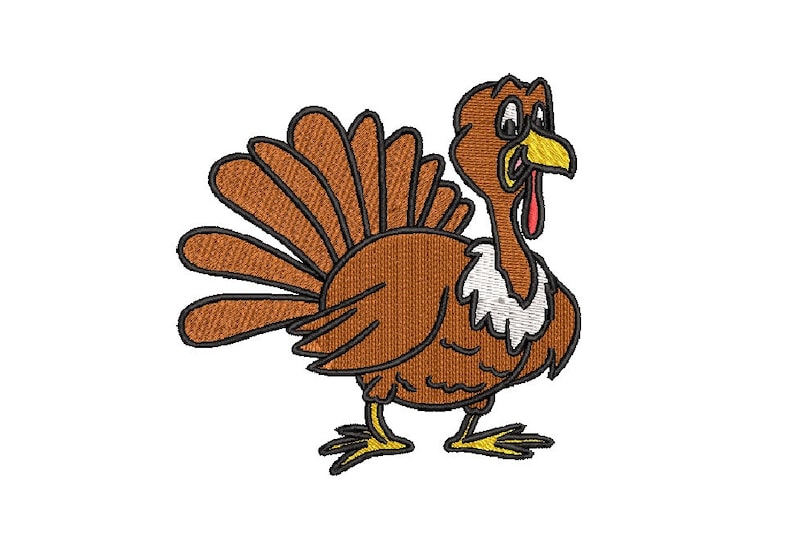 Puede incluir: Un pavo de dibujos animados con plumas marrones y una papada roja. El pavo tiene un pico amarillo y una mancha blanca en el cuello.