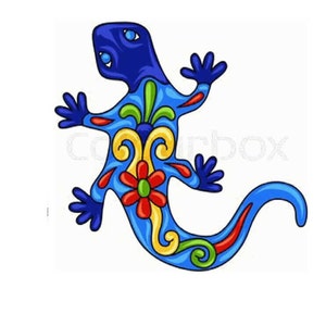 May include: A blue and colorful ceramic lizard with floral designs. The lizard has a long tail and is decorated with yellow, red, green, and blue paint.
