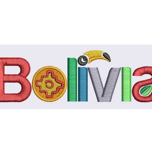 May include: Embroidered patch featuring the word "Bolivia" in colourful letters. The "o" in Bolivia is replaced with a yellow and orange circle containing a stylised design. A toucan with a yellow beak is positioned above the word.