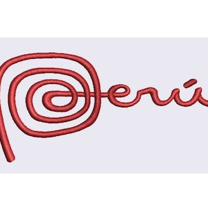 Puede incluir: Un gráfico estilizado rojo de una espiral con la palabra "Perú" escrita en cursiva a su lado.