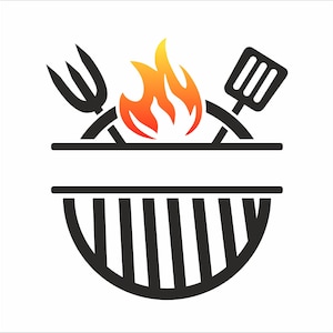 May include: Black and white illustration of a grill with flames, a spatula, and a fork. The grill has a blank space for text.