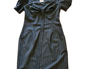 Vintage 1980s, ANGELO TARLAZZI* black wool dress with stripes, L, vintage dress 1980s, Paris, France, chic, 80s funky style, evening dress
