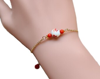 Woman chain BRACELET in golden brass and ceramic pearl, with sea bamboo pearls, handmade jewelry, Paris, France, handmade gift