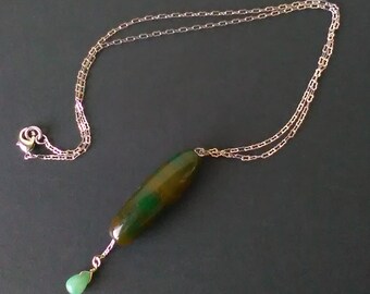 Woman agate necklace with Silver 925 chain, green agate stone drop pendant, red stone jewelry, France, Paris, Art Nouveau necklace