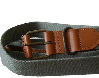 Vintage 1990s, GASTINNE RENETTE* khaki cotton and camel leather belt, 47 inches, man belt, hunting accessories, France, french brand 90s