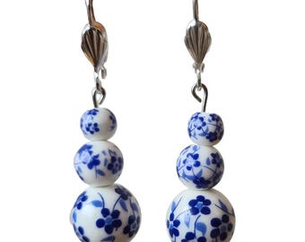 White and blue ceramic EARRINGS, Asian style, France, porcelain pearl earrings, pendant, woman summer jewelry, Paris