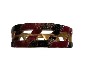 Vintage 1970s, EMANUEL UNGARO* golden metal bracelet with black and red enamel, old jewel, couture jewelry, Paris, French designer 70s