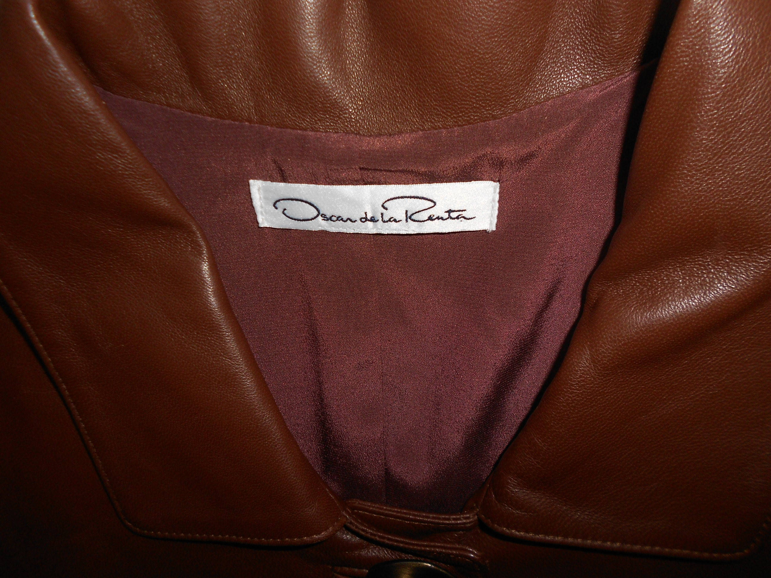 Veste En Cuir Vintage OSCAR DE LA RENTA Pour Femme - Taille L - Marron - Parfait État - Années 90