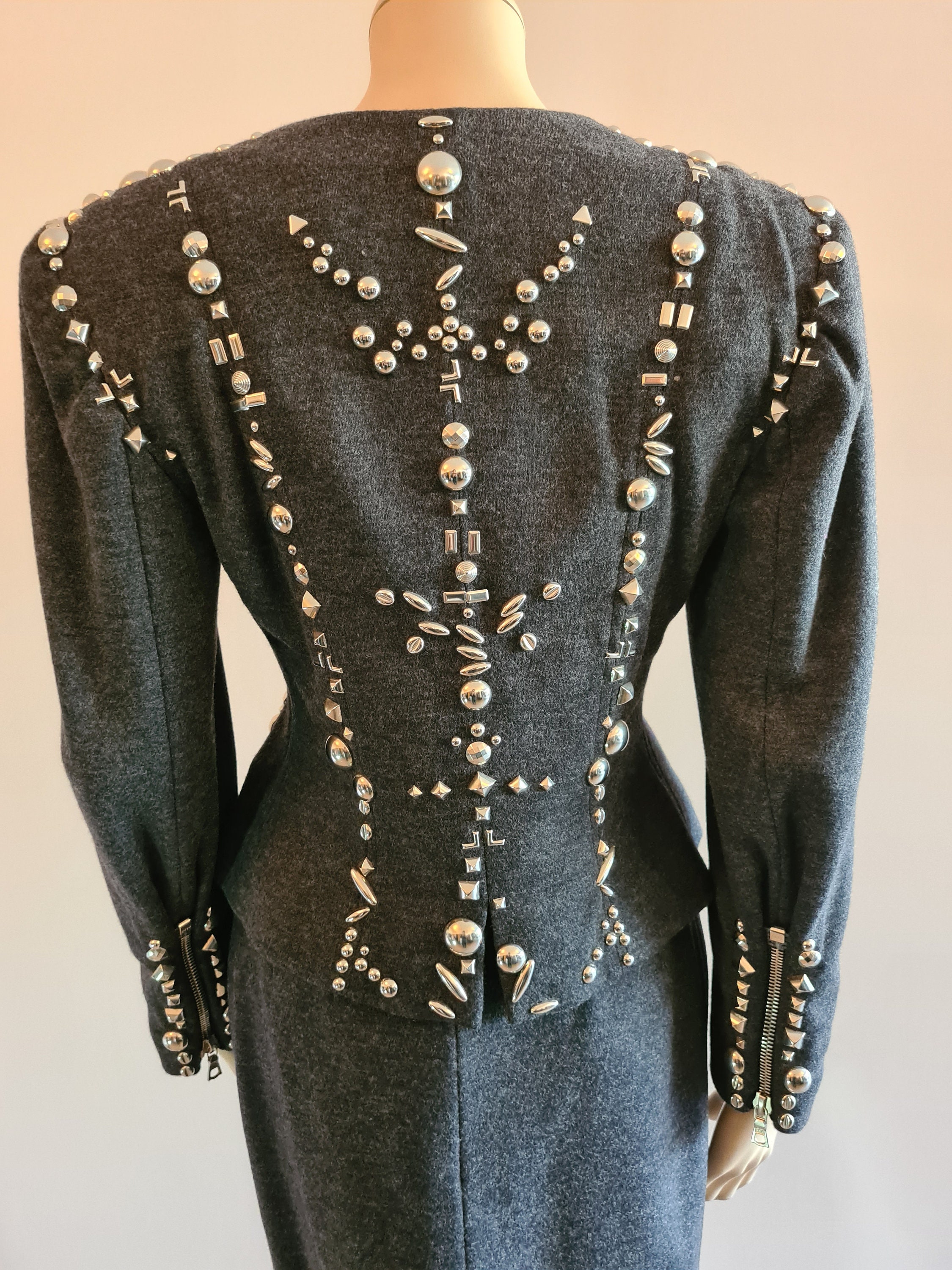 Remarkable Early 1990s Angelo Tarlazzi Black Stretch Mini Dress w Gold & Rhinestone Buttons