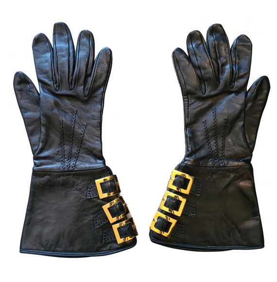 Vintage 1980s, HERMES* woman black leather gloves… - image 1