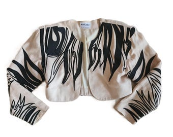 Vintage 1980s, KORII JOKO* ecru linen jacket, L, embroidered bolero, evening piece, luxury fashion 80