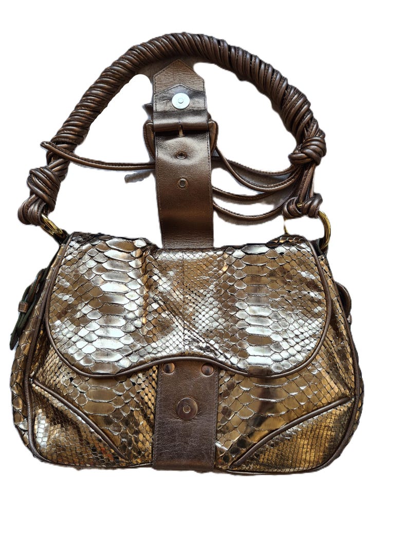 Sac femme en cuir de python doré, Walter Steiger, Business Style, vue de face, posé à plat sur fond blanc, avec boucle ouverte
