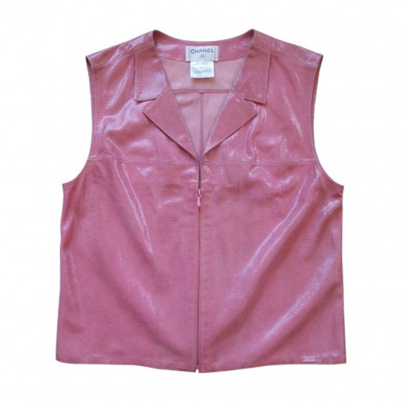 Vintage 2000 CHANEL Pink Leather Jacket M Sleeveless 