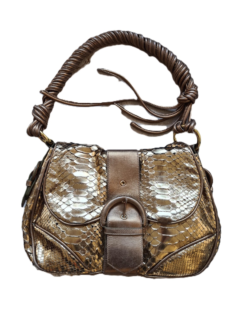 Sac femme en cuir de python or, Walter Steiger, Business Style, vue de face, posé à plat sur fond blanc
