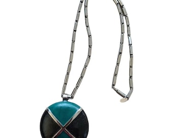 Vintage 1970s, LANVIN* silver metal necklace with leather pendant, old jewel, couture jewelry, Jeanne Lanvin, Paris, French designer 70s