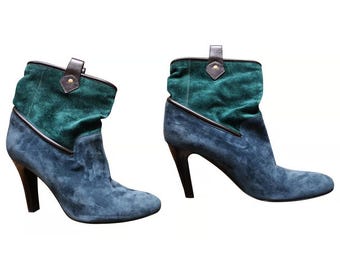 Vintage 2000s, MICHEL VIVIEN*, blue and green velvet leather boots, 40 EU, chic woman shoes, suede boots, Paris, France, luxury shoes