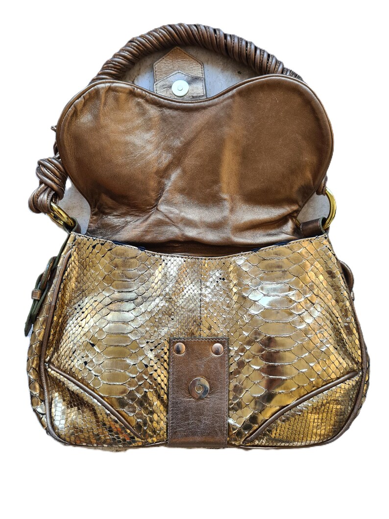 Sac femme en cuir de python doré, Walter Steiger, Business Style, vue de face, posé à plat sur fond blanc, avec rabat ouvert