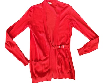 Vintage 2000s, HERMES* long red cardigan, S, vintage woman cardigan, summer sweater, french luxury knitwear, red cotton top, Y2Ks