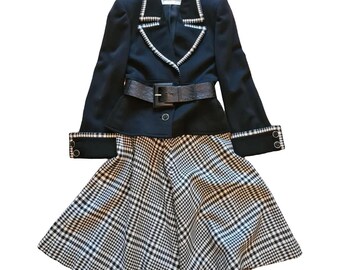 Vintage 1980s, Jean Louis SCHERRER* black and white wool skirtsuit, S, winter outfit, luxury woman suit, Paris, Haute Couture, France