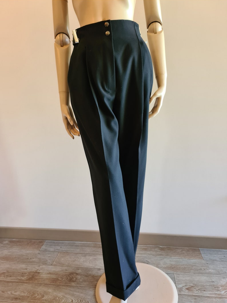 Vintage 1990s, CLAUDE MONTANA black wool pants, XS, luxury woman clothing, winter pants, warm trousers, wide wool trousers, Paris, France image 3