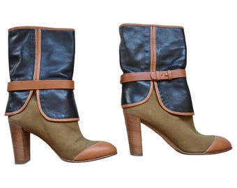 Vintage 2000s, SERGIO ROSSI*, black leather and khaki canvas boots, chic woman shoes, summer boots, Paris, France, high heel shoes