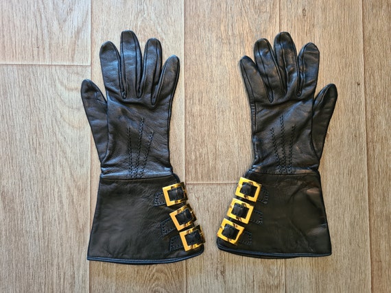 Vintage 1980s, HERMES* woman black leather gloves… - image 2