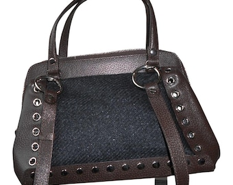 Vintage 2000s, MARNI* brown leather handbag, winter leather and wool bag, woman luxury accessories, made in Italy