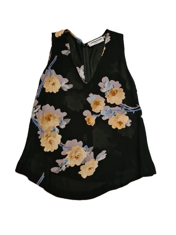 Sonia Rykiel, Vintage 1990s, SONIA RYKIEL* Top femme noir à imprimés fleurs, M, haut femme luxe, Paris, France, débardeur été femme, blouse chic été 90