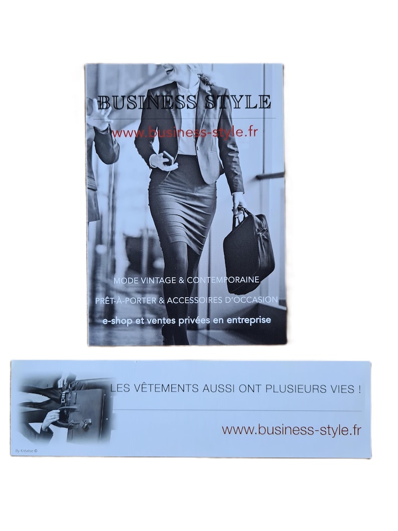 Un marque-page et une carte postale avec une femme en tailleur qui marche et le texte "BUSINESS STYLE" et l'adresse du site web "www.business-style.fr". La carte comprend également le texte "MODE VINTAGE & CONTEMPORAINE", "PRET-A-PORTER & ACCESSOIRES D'OCCASION", et "e-shop et ventes privées en entreprise".