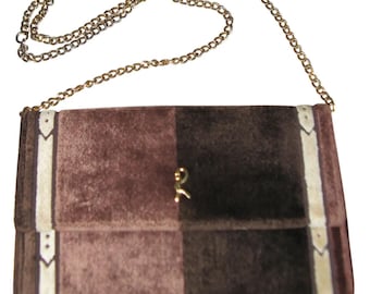 Vintage 1970s, ROBERTA di CAMERINO* brown velvet and leather shoulder bag, chain strap, Italian vintage 1970 leather product, evening clutch