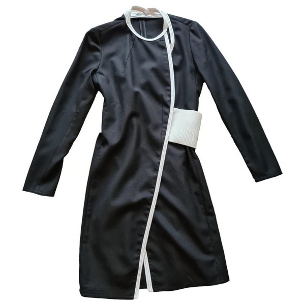 Vintage 1990s, PACO RABANNE* robe laine noir et blanc à ceinture large, S, Paris, France, Couture, tenue luxe vintage, robe laine hiver 90