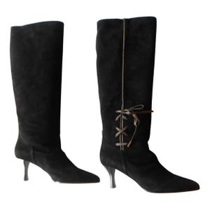 Vintage 1990s, HERMES* black velvet leather boots with silk, 40 EU, luxury women boots, Made in Italy, black leather boots, 90s high heels,